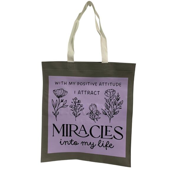 New Upcycled Hand Printed Positive Attitude Attract Miracles Shopper Tote Bag - Picture 1 of 4